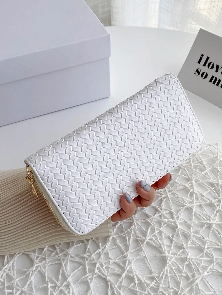 几何压纹长款钱包 轻薄便携，可存放现金，白领人士适用，适合女性，大学，工作，商务，通勤，办公室，周年纪念，情侣，生日礼物，情人节礼物，返校礼物 - 白色 - 查看 1