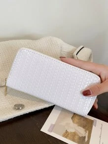 几何压纹长款钱包 轻薄便携，可存放现金，白领人士适用，适合女性，大学，工作，商务，通勤，办公室，周年纪念，情侣，生日礼物，情人节礼物，返校礼物 - 白色 - 查看 2