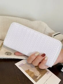 几何压纹长款钱包 轻薄便携，可存放现金，白领人士适用，适合女性，大学，工作，商务，通勤，办公室，周年纪念，情侣，生日礼物，情人节礼物，返校礼物 - 白色 - 查看 3