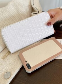 几何压纹长款钱包 轻薄便携，可存放现金，白领人士适用，适合女性，大学，工作，商务，通勤，办公室，周年纪念，情侣，生日礼物，情人节礼物，返校礼物 - 白色 - 查看 4
