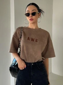 DAZY Letter Embroidery Drop Shoulder Tee Oversized T-Shirt - Brown - View 1