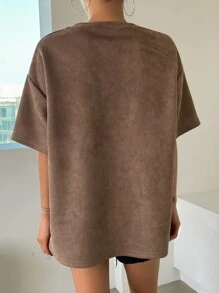 DAZY Letter Embroidery Drop Shoulder Tee Oversized T-Shirt - Brown - View 2