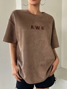 DAZY Letter Embroidery Drop Shoulder Tee Oversized T-Shirt - Brown - View 5
