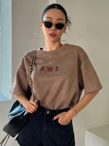 DAZY Letter Embroidery Drop Shoulder Tee Oversized T-Shirt - Brown - View 7