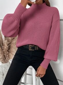 SHEIN Privé Jersey de cuello alto de manga farol - Morado - Ver 1