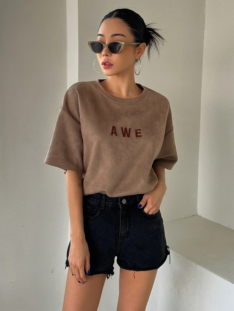 Letter Embroidery Drop Shoulder Tee Oversized T-Shirt