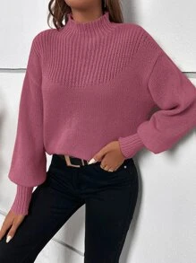 SHEIN Privé Jersey de cuello alto de manga farol - Morado - Ver 3