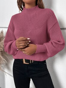 SHEIN Privé Jersey de cuello alto de manga farol - Morado - Ver 4