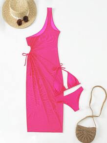 Plain One Shoulder Summer Beach Bikini Set With Cover Up - Hot Pink - View 3