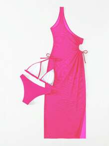 Plain One Shoulder Summer Beach Bikini Set With Cover Up - Hot Pink - View 4