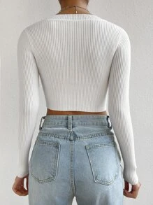 SHEIN X Antonella SHEIN EZwear Scoop Neck Ribbed Knit Crop Jumper - White - View 2