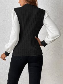 SHEIN Privé Áo thun nữ Gân đan Khối Màu Giải trí - Đen và trắng - Xem 2