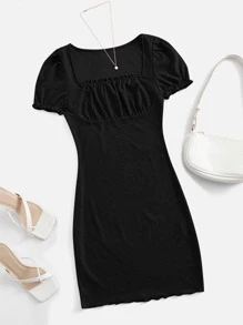 Soleia Square Neck Schiffy Dress - Black - View 1