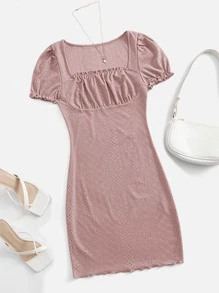 Soleia Square Neck Ruched Bust Lettuce Trim Schiffy Dress - Dusty Pink - View 1