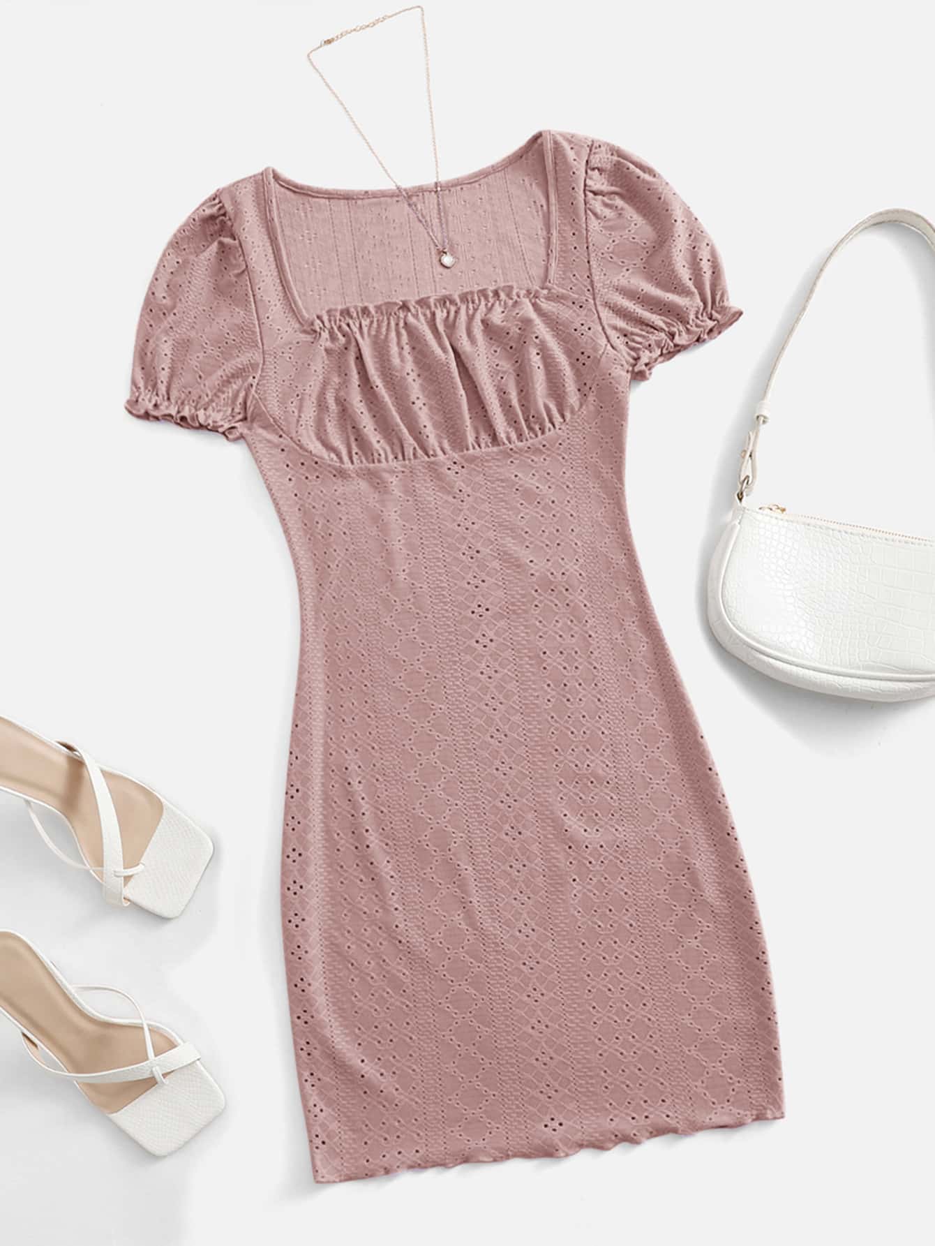Soleia Square Neck Ruched Bust Lettuce Trim Schiffy Dress - Dusty Pink - View 1