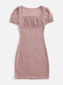 Soleia Square Neck Ruched Bust Lettuce Trim Schiffy Dress - Dusty Pink - View 3
