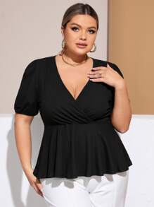SHEIN Unity Plus Puff Sleeve Peplum Blouse - Black - View 1