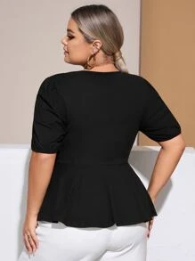 SHEIN Unity Plus Puff Sleeve Peplum Blouse - Black - View 2