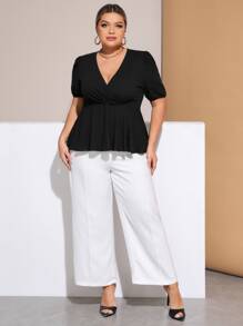 SHEIN Unity Plus Puff Sleeve Peplum Blouse - Black - View 3