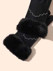 Fluffy Trim Gloves - Black - View 3
