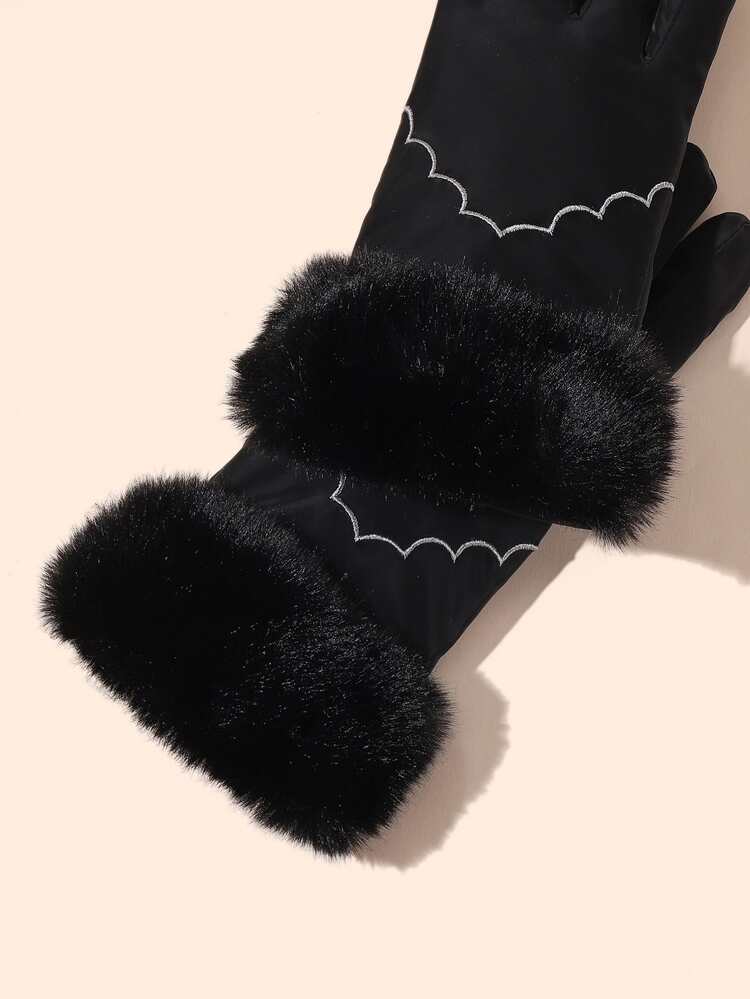 Fluffy Trim Gloves - Black - View 3