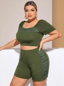 SHEIN SXY Plus Solid Scoop Neck Tee & Ruched Side Shorts - Army Green - View 1