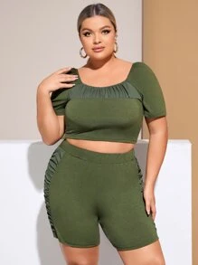 SHEIN SXY Plus Solid Scoop Neck Tee & Ruched Side Shorts - Army Green - View 4