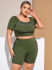 SHEIN SXY Plus Solid Scoop Neck Tee & Ruched Side Shorts - Army Green - View 5