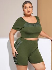SHEIN SXY Plus Solid Scoop Neck Tee & Ruched Side Shorts - Army Green - View 6