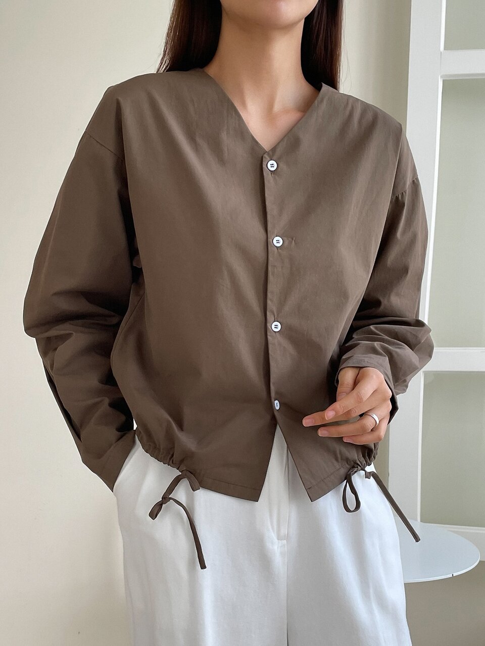 Drawstring Side Drop Shoulder Blouse