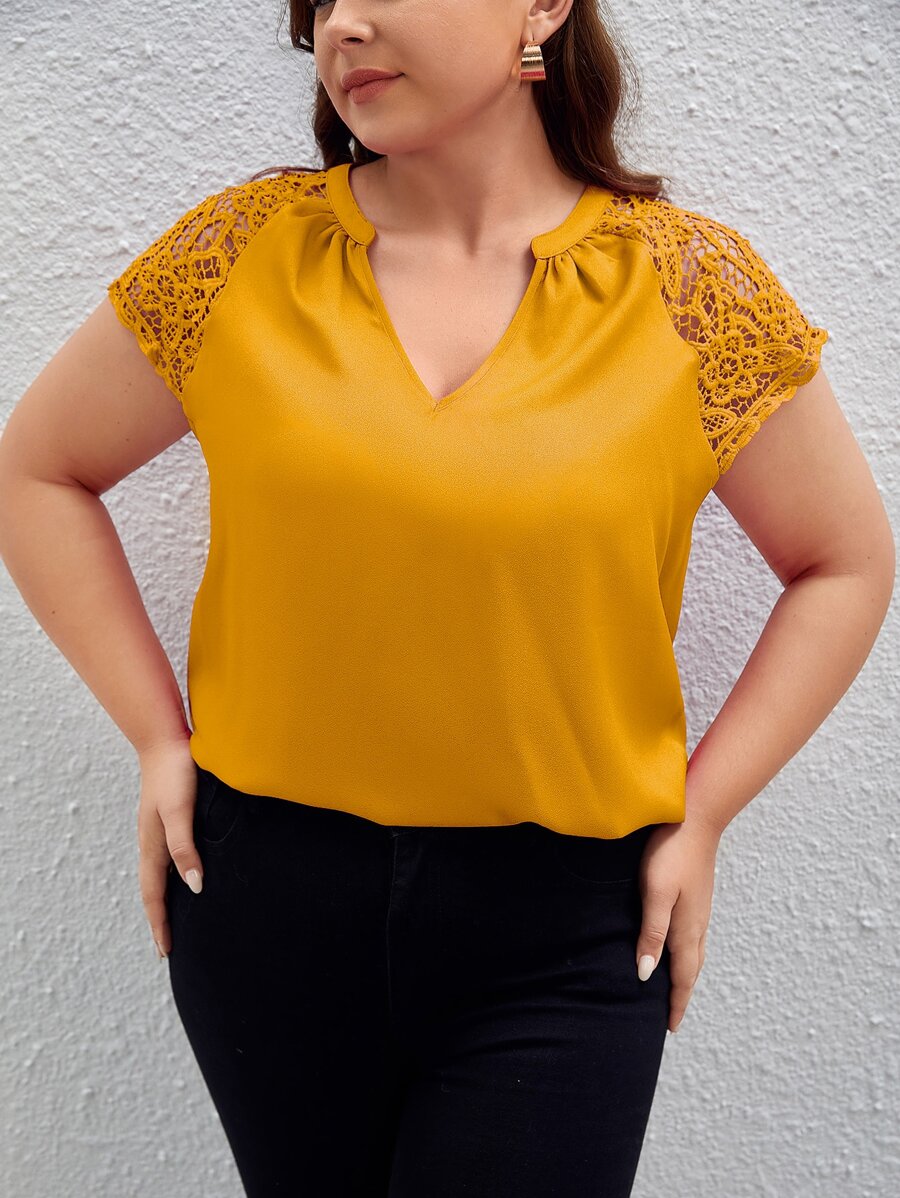 SHEIN Clasi Plus Contrast Lace Raglan Sleeve Blouse - Mustard Yellow - View 1