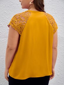 SHEIN Clasi Plus Contrast Lace Raglan Sleeve Blouse - Mustard Yellow - View 2