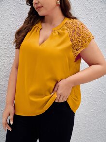 SHEIN Clasi Plus Contrast Lace Raglan Sleeve Blouse - Mustard Yellow - View 3