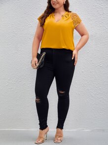 SHEIN Clasi Plus Contrast Lace Raglan Sleeve Blouse - Mustard Yellow - View 4