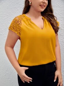 SHEIN Clasi Plus Contrast Lace Raglan Sleeve Blouse - Mustard Yellow - View 5