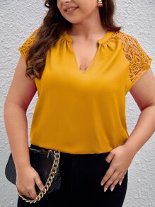 SHEIN Clasi Plus Contrast Lace Raglan Sleeve Blouse - Mustard Yellow - View 6