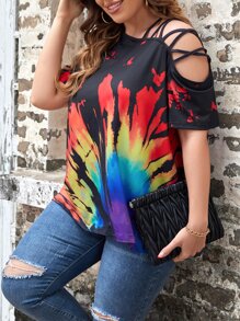 SHEIN LUNE Camiseta de tie dye con tira cruzada de cuello asimétrico - Multicolor - Ver 1
