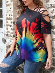 SHEIN LUNE Camiseta de tie dye con tira cruzada de cuello asimétrico - Multicolor - Ver 3