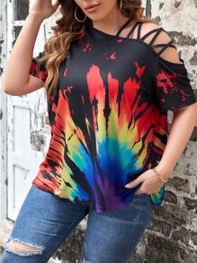 SHEIN LUNE Camiseta de tie dye con tira cruzada de cuello asimétrico - Multicolor - Ver 4