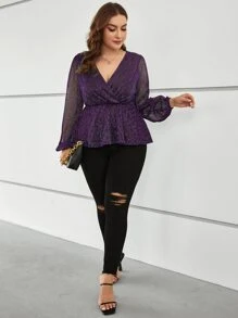 SHEIN Clasi Áo sơ mi Plus Size Viên lá sen Trọn gói màu trơn Buổi tiệc - Màu tím - Xem 3