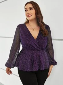 SHEIN Clasi Áo sơ mi Plus Size Viên lá sen Trọn gói màu trơn Buổi tiệc - Màu tím - Xem 5