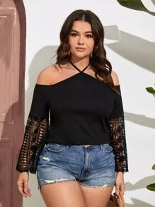 SHEIN LUNE 大碼拼接水溶蕾絲吊脖襯衫 - 黑色 - 查看 3