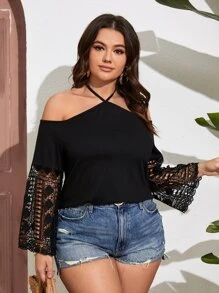 SHEIN LUNE 大碼拼接水溶蕾絲吊脖襯衫 - 黑色 - 查看 4