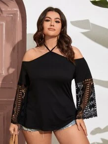 SHEIN LUNE 大碼拼接水溶蕾絲吊脖襯衫 - 黑色 - 查看 5