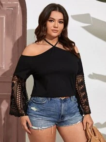 SHEIN LUNE 大碼拼接水溶蕾絲吊脖襯衫 - 黑色 - 查看 6