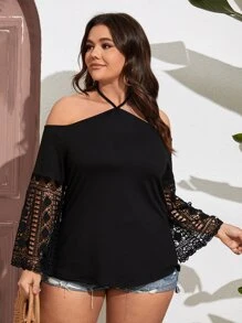 SHEIN LUNE 大碼拼接水溶蕾絲吊脖襯衫 - 黑色 - 查看 7