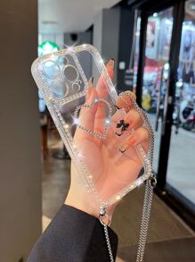 水鑽裝飾手機殼帶斜肩包手機掛繩 - 無色 - 查看 1