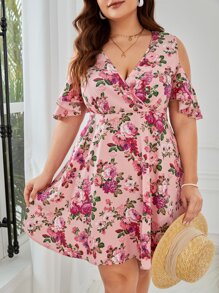 SHEIN VCAY Plus Floral Print Open Shoulder Surplice Dress - Multicolor - View 1