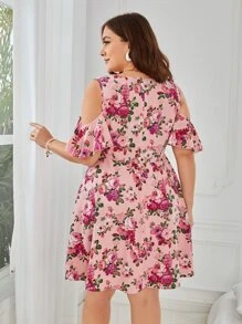 SHEIN VCAY Plus Floral Print Open Shoulder Surplice Dress - Multicolor - View 2