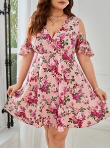 SHEIN VCAY Plus Floral Print Open Shoulder Surplice Dress - Multicolor - View 5